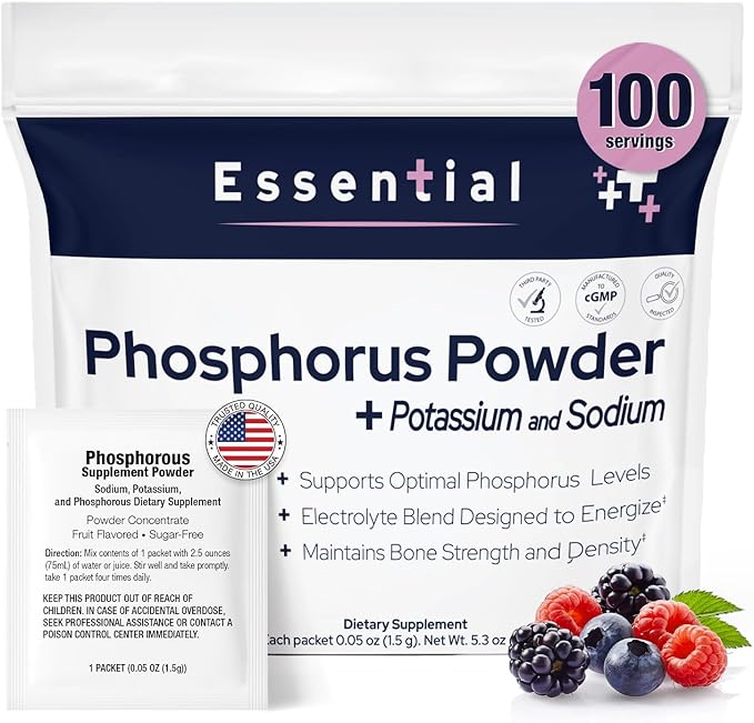 Phosphorus Supplements 100 Packets, Dietary Supplements Powder with Sodium Phosphate and Potassium Phosphate, Fruit Flavored Phosphorous Supplement Powder for Electrolyte, Bone Health & Kidney Health
