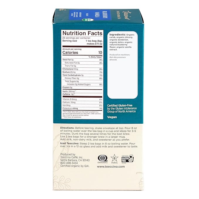 Teeccino Dandelion Blueberry Vanilla Herbal Tea - 25 Tea Bags - Rich & Roasted Herbal Tea That’s Caffeine Free & Prebiotic for Natural Energy, Coffee Alternative