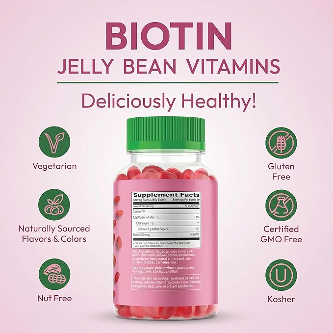 Human Beanz Biotin Jelly Bean Gummy Vitamins, Extra Strength Biotin for Hair, Skin and Nails, 5000mcg per Serving, Hair Growth Vitamins for Men and Women, 120 Strawberry Blast Jelly Beans, Kosher