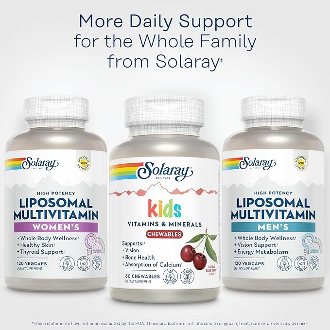 SOLARAY Childrens Vitamins & Minerals Complete Multivitamin for Kids Great Black Cherry Flavor (076280047974) (60 Chews, 30 Serv)