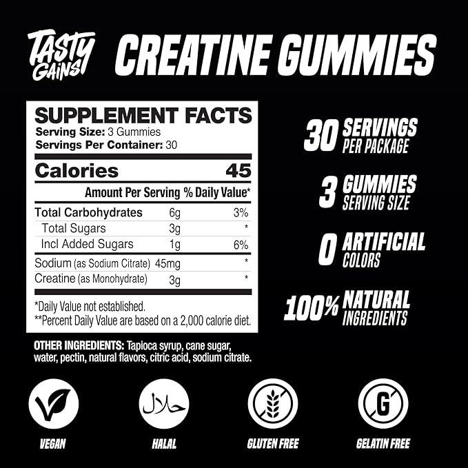 TASTY GAINS Creatine Gummies - 90g of Creatine Monohydrate - Workout Supplements - Build Muscle & Boost Strength for Men & Women - Made in USA - Non GMO - (Large, Strawberry Creamsicle Flavor)
