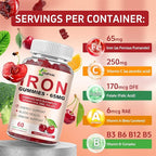 Iron Gummies Supplement for Women, Men & Kids, Iron 65mg with 250mg Vitamin C B6 B12 Folate Healthy Blood, Energy & Immune Support Gentle on Stomach Ferrous Fumarate, 120 Count