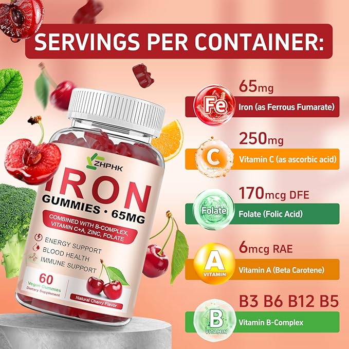 Iron Supplement for Women, Men & Kids, Iron 65mg & Vitamin C 250mg per Serving with B6 B12 Folate- Energy Support for Iron Deficiency, Anemia, Vegan Gummy Cherry Flavor, 60 Count