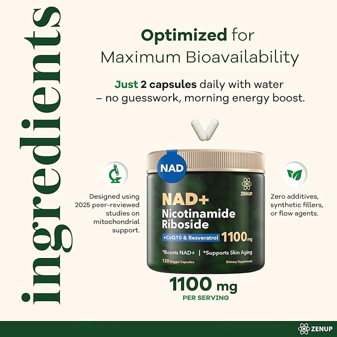 NAD+ Supplement | 1100mg Liposomal Nicotinamide Riboside with Resveratrol & Quercetin | Anti-Aging, Cellular Energy, Mental Focus | 120 Caps