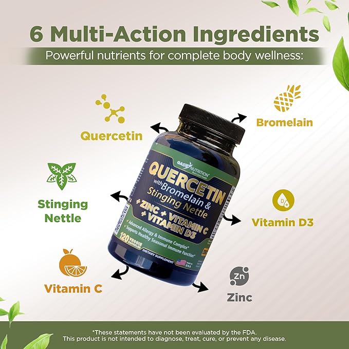 Quercetin with Vitamin C and Zinc - Nettle Quercetin - Quercetin 500mg - Quercetin with Bromelain - Zinc Quercetin + Vitamin D3 - 120 Veggie Caps - (Non-GMO, Gluten-Free, Vegan) - 4 Month Supply