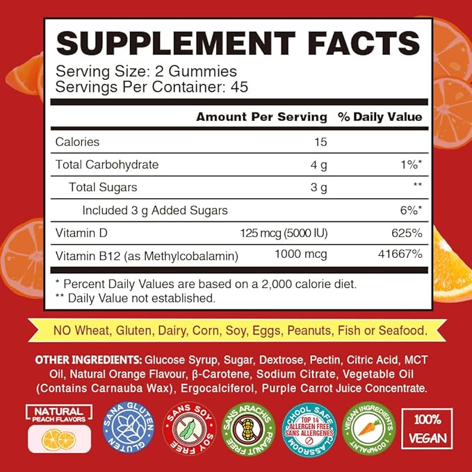 Vitamin B12 1000 mcg Gummies for Adults - Vegan Methyl B12 & D3 5000 IU Vitamin Gummy Supplements for Women - Supports Bone Health & Energy Boost - Non-GMO, Orange Flavor 180 Bears
