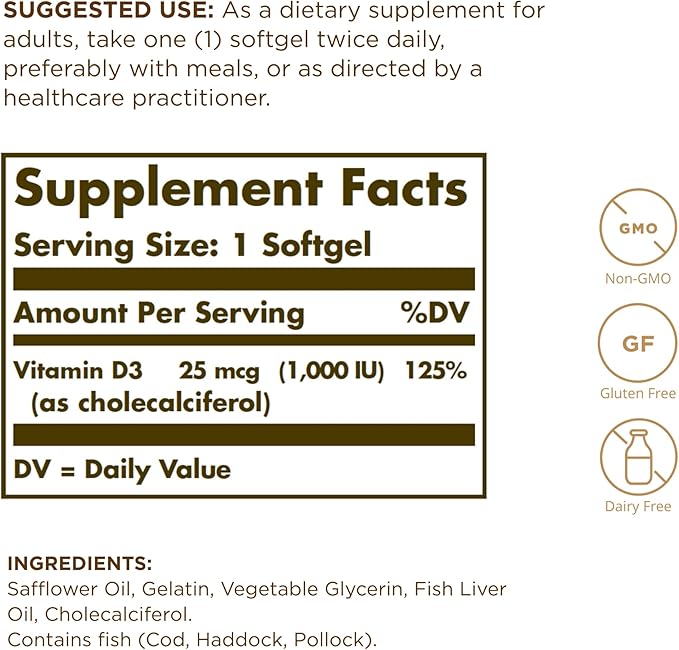 Solgar Vitamin D3 (Cholecalciferol) 25 mcg (1000 IU) - 100 Softgels - Helps Maintain Healthy Bones & Teeth - Immune System Support - Non-GMO, Gluten Free, Dairy Free - 100 Servings