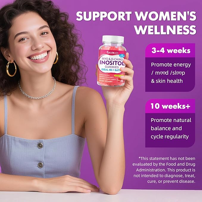 2 Pack Myo-Inositol & D-Chiro Inositol Gummies, 40:1 Ratio Inositol with Vitamin D3, Magnesium Glycinate, Folate & Zinc, Inositol Supplement for Female Health, Raspberry Flavor, 120 Count