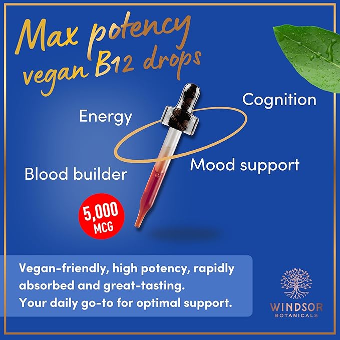 Vegan Vitamin B12 Liquid - Max Strength Methylcobalamin B12 Sublingual 5000 mcg - Fast Absorbing Supplement for Mood, Memory and Energy Support - Non-GMO, Gluten-Free, Citrus Flavor B 12 Drops, 2oz