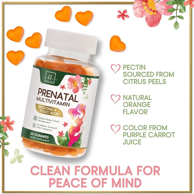 Prenatal Vitamins for Women – Complete Pregnancy Multivitamin - Folic Acid, Omega 3 DHA, Choline, Vitamin D – Essential Support for Mom's & Baby Brain Development - Tasty Orange Flavor - 60 Gummies