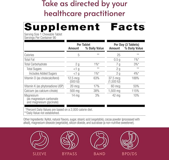 Bariatric Advantage Calcium Citrate Chewable 500 mg - for Bariatric Surgery Patients - High-Potency, Easy-Digest Tablets - Calcium Citrate - Bone Strength Supplements* - Chocolate - 90 Count