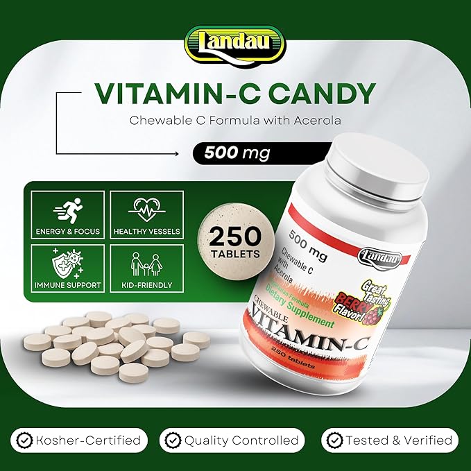 LANDAU 500mg Chewable Vitamin C Candy for Kids & Adults – Easy-to-Take Vitamin C Supplement with Acerola – Kosher & Made in The USA – Great Tasting Berry Flavor, 250 Tablets