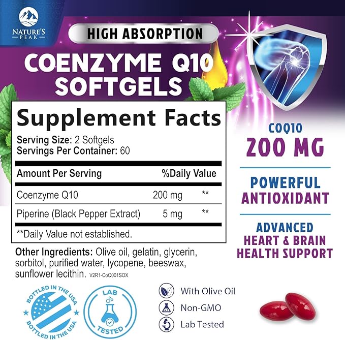 CoQ10 Softgels - Ultra High Absorption Coenzyme Q10 200mg Per Serving - Co Q 10 Softgel Supplement With Black Pepper, Energy & Heart Support Antioxidant - for Women & Men, Bottled USA - 120 Softgels
