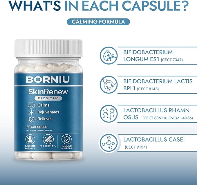 Borniu SkinRenew Probiotic for Gut and Skin Support, 5 Targeted Probiotic Strains Plus Inulin Prebiotic Fiber, Vegan, Non-GMO, 60 Capsules(1pc)