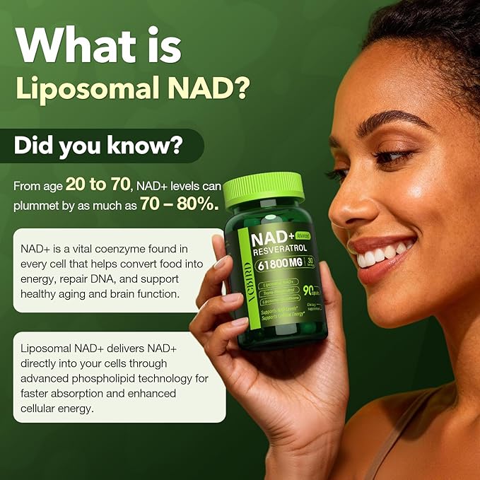 Liposomal NAD Supplement with Resveratrol 61800mg Per Bottle – NAD Resveratrol for Women & Men – High Purity 1200mg NAD+ Supplement for Energy & Healthy Aging, Glutathione, Turmeric – 90 Count