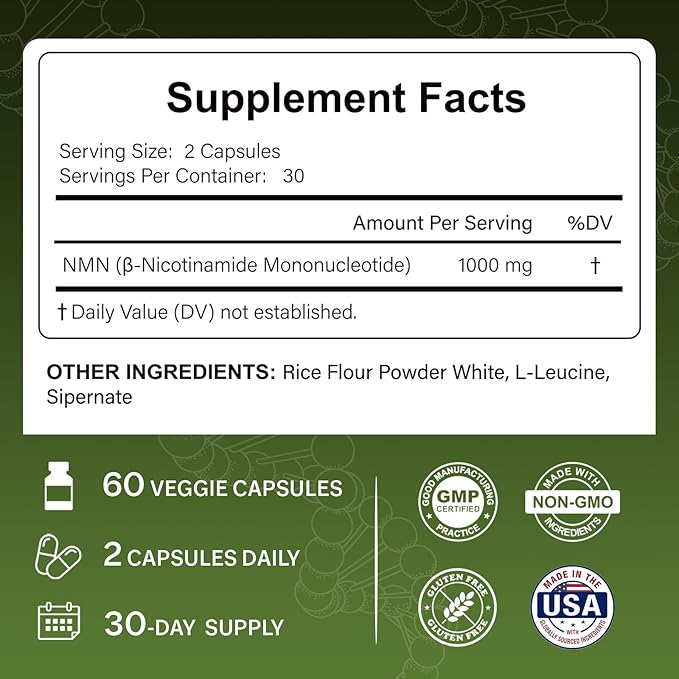 NMN Supplements 1000mg - High Purity NAD+ Precursor - Non-GMO - 60 Vegan Capsules