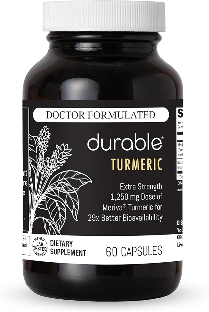 Durable Turmeric - 1250 mg Meriva Curcumin, 29X More Absorption + Boswellia – Joint Comfort, Mobility & Healthy Inflammation – Doctor Formulated, Vegan, Non-GMO, Made in USA (60 Capsules)