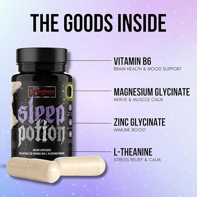 Sleep Potion, Melatonin-Free Sleep Support Capsules 120 Count, Magnesium Glycinate L-Theanine Zinc Glycinate Chamomile Jujube Seed Lemon Balm, 30 to 40 Servings, Gluten Free