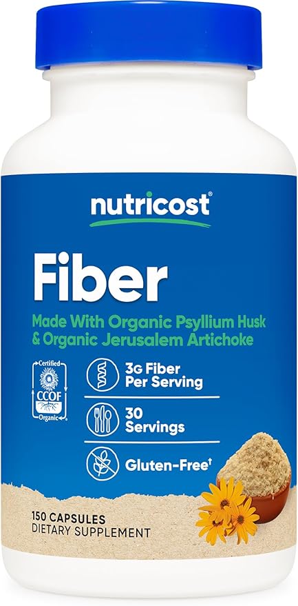 Nutricost Fiber Capsules with Prebiotic Fiber Supplement 150 Capsules - CCOF Certified Supplement, Made with Organic Psyllium Husk & Organic Jerusalem Artichoke, Gluten Free, 3 G Per Serving