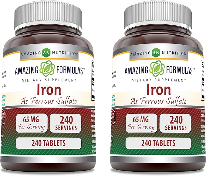 Amazing Formulas Iron as Ferrous Sulfate Supplement | 65 Mg | Tablets | Non-GMO | Gluten Free | Made in USA (240 Count | 2 Pack)