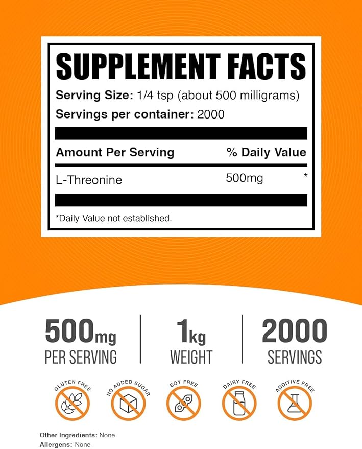 BulkSupplements.com L-Threonine Powder -Threonine Supplement, Amino Acid Supplement - Essential Amino Acid, Gluten Free, 500mg per Serving, 1kg (2.2 lbs) (Pack of 1)
