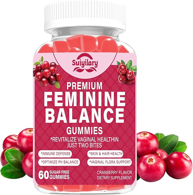 Feminine Probiotics Gummies, Vaginal Health & Women's pH Balance Gummy Supplement with Cranberry Pineapple Powder, Sugar Free Vegan, 60 Count (Cranberry)