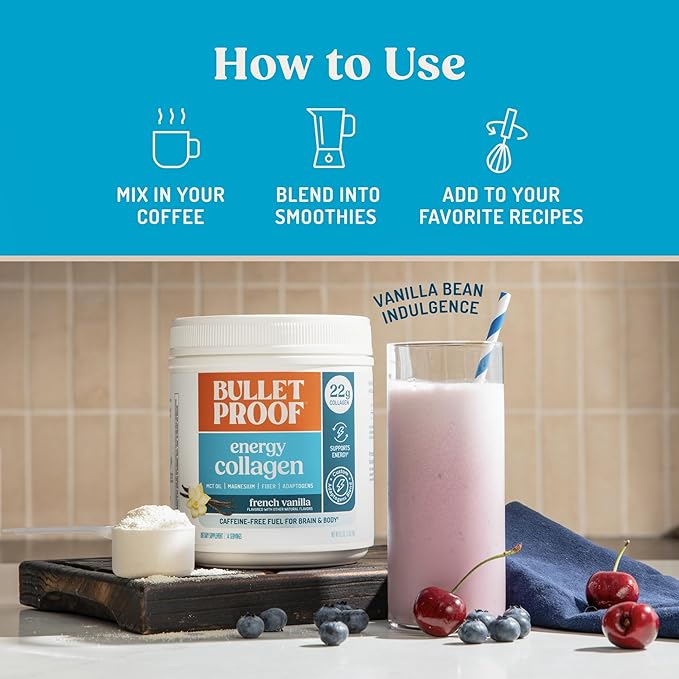 Bulletproof Energy Collagen Protein Powder, Vanilla Bean, 20g Grass-Fed Collagen Peptides, 7g Fiber with MCT Oil & Adaptogens, Caffeine-Free, 18.3 Ounces