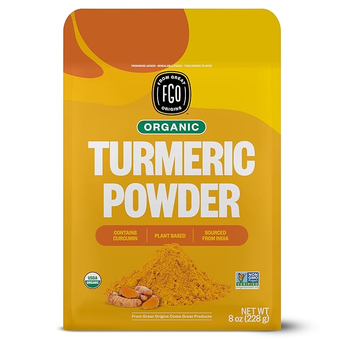FGO Organic Turmeric Powder w/Curcumin, 8oz Resealable Pouch, USDA Organic and Non-GMO, Sourced from India, Packaging May Vary (Pack of 1)