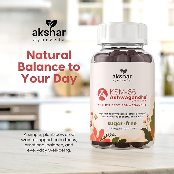 AKSHAR Ayurveda Ashwagandha KSM-66 Gummies, Organic Ashwagandha Supplements for Focus, Increase Energy & Strength, Chicory Root Fiber & Natural Cherry Flavor (60 Count (Pack of 2))