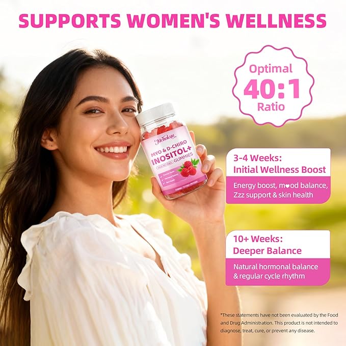 Myo-Inositol & D-Chiro Inositol Gummies, Ideal 40:1 Ratio Supplement for Women with Vitamin D3 & B12 for Support Hormonal Balance & Wellness, Sugar Free, Raspberry, 60 Count