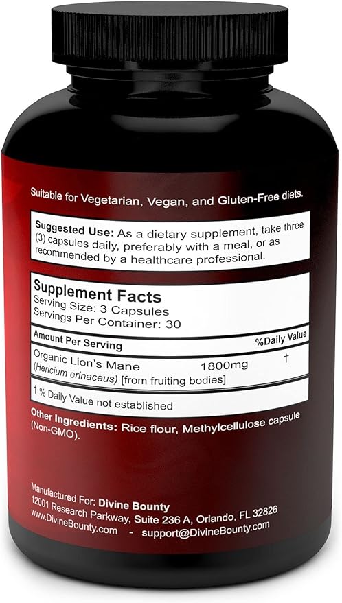 Divine Bounty Lions Mane Mushroom Capsules - 1800mg Lion's Mane Mushroom Per Serving - Non-GMO Nootropic Brain & Immune Support - 90 Vegetarian Caps