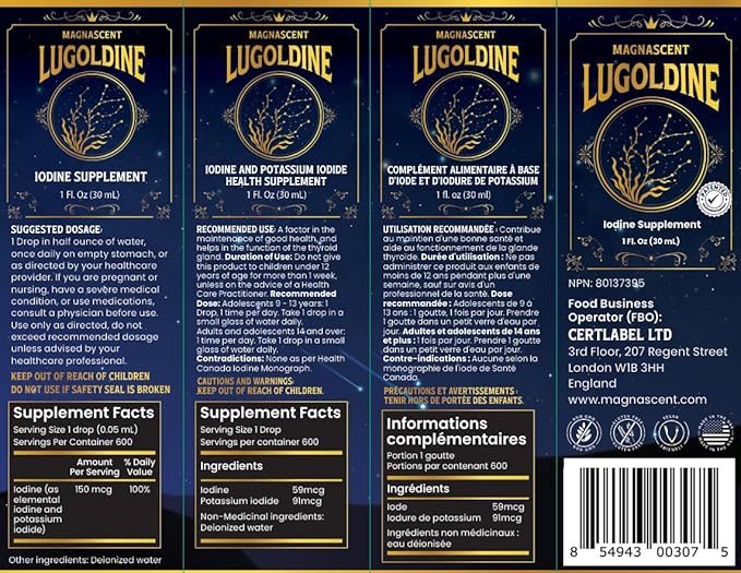 Lugoldine Iodine Drops 1 oz – Patented Process (US20090022816A1), 150 mcg Iodine (100% Daily Value), Alcohol-Free & Glycerin-Free, Liquid Iodine Supplement (1 Ounce (Pack of 1))