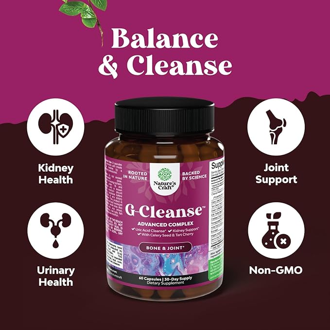 Natures Craft G-Cleanse Uric Acid Supplement - Uric Acid Cleanse for Joint & Kidney Support - Kidney Cleanser with Chanca Piedra, Tart Cherry Extract, Celery Seed Extract Capsules - 60 Count