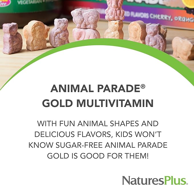 NaturesPlus Animal Parade Gold Children's Multivitamin - Assorted Cherry, Orange & Grape Flavors - 120 Chewable Animal-Shaped Tablets - Vegetarian, Gluten Free - 60 Servings