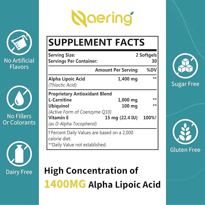 Liposomal Alpha Lipoic Acid 1400mg Softgels, ALA Supplement with L-Carnitine 1000mg, Ubiquinol (Active CoQ10) 100mg and Vitamin E 10mg,Alpha-Lipoic Acid for Antioxidants, Nerve,Energy 60 Softgels