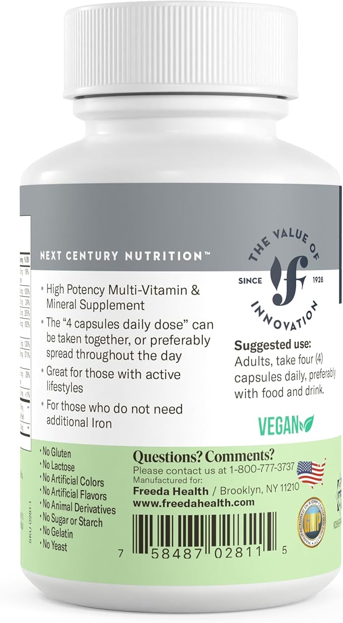 Freeda Maximum Strength Multivitamin – High Potency Daily Supplement for Active Adults (Men & Women) – Iron Free – SCD Diet Compatible – 120 Capsules – Ultra-Freeda