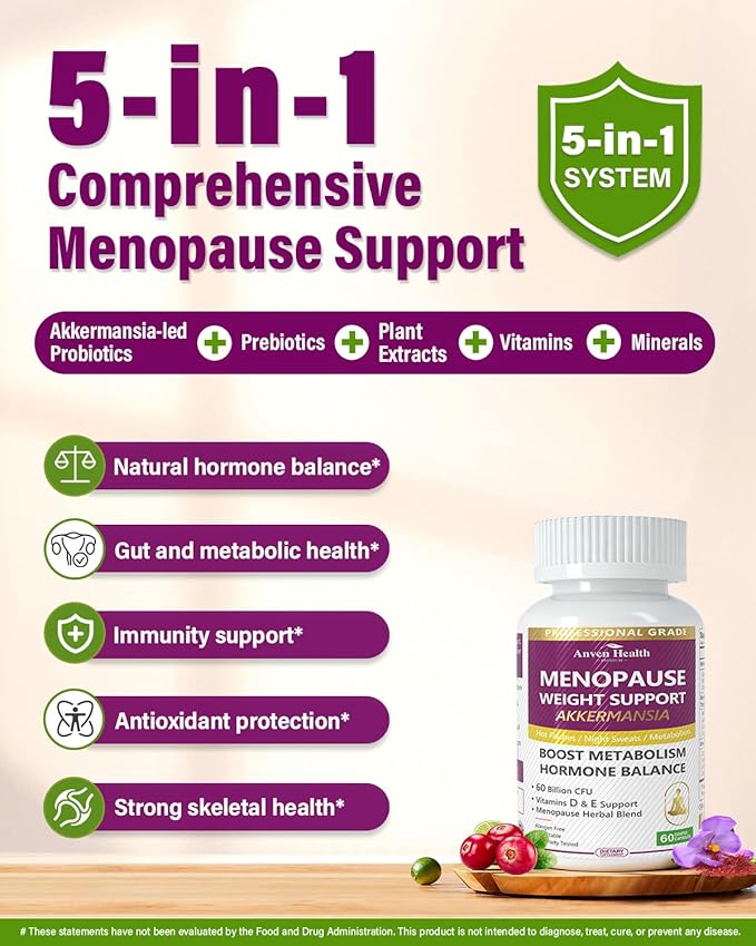 Menopause Supplements for Women 60 Billion with Akkermansia Probiotic & Prebiotic, Vitamin D & E for Hormone Balance, Metabolism, Gut Health, Hot Flashes - Non-GMO | 180 Caps