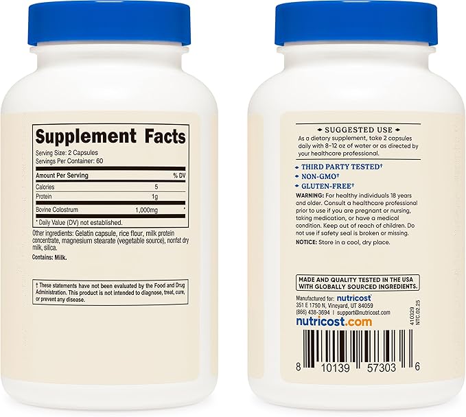 Nutricost Colostrum 1000mg, 120 Capsules - Gluten Free & GMO Free, 60 Servings