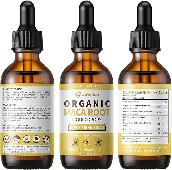 Organic Maca Root Liquid Drops with Ashwagandha,Goji Berry,Ginger,Magnesium and L-Arginine for Women and Men,Ashwagandha Maca Root Supplements Tincture 2 Fl Oz