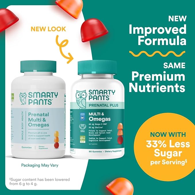 SmartyPants Prenatal Multivitamin Gummies with Omega 3 DHA/EPA, Methylfolate, Biotin, Vitamins D3, C, B12, B6, A, K, and Zinc, Gluten Free, Clean Label, Two Fruit Flavors, 90 Gummies (30 Day Supply)