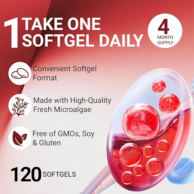 Premium Astaxanthin 12mg Antioxidant Supplement with Vitamin E – 120 Softgels, 4 Month Supply, Microalgae Source, Supports Skin, Eye & Joint Health, Non-GMO, Gluten & Soy Free