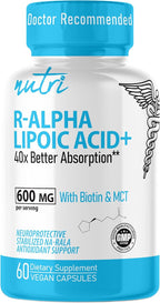 Nutri R Alpha Lipoic Acid 600mg Capsules - R Lipoic Acid Stabilized with Biotin - Active Form of R-ALA - 600 mg Clinical Dosage - Powerful Cellular Energy Support - 60 Vegan Capsules - RALA