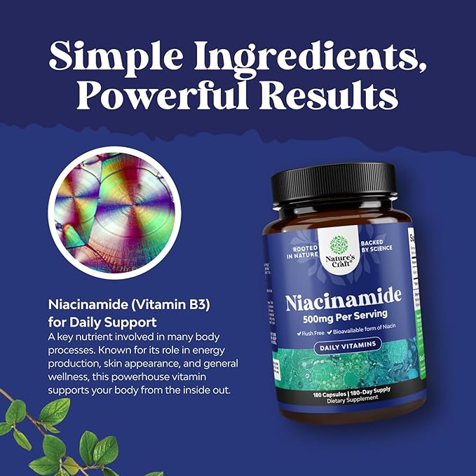 Pure Vitamin B3 Niacinamide 500mg Capsules - Niacinamide (Vit B3) 500mg Flush Free Form of B3 Vitamins for Skin Health Detox & NAD Production Support for Women & Men - Healthy Skin Supplement - 180 Ct
