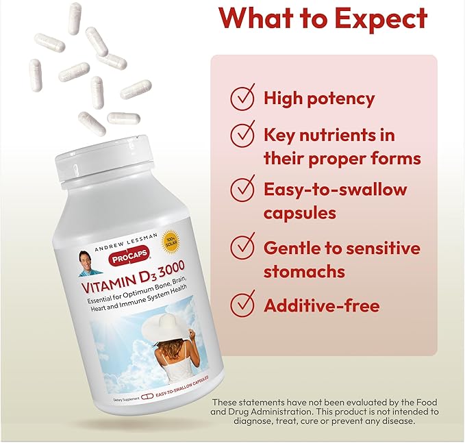 ANDREW LESSMAN Vitamin D3 3000 IU 60 Capsules - High Potency, Essential for Calcium Absorption, Supports Bone Health, Healthy Muscle Function, Immune System, More. Small Easy to Swallow Capsules
