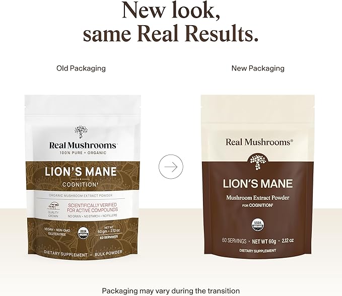 Real Mushrooms Lions Mane Mushroom Supplement - Organic Lions Mane Extract Powder for Overall Wellness with Adaptogens – Functional Vegan, Non-GMO Blend with 60 Servings