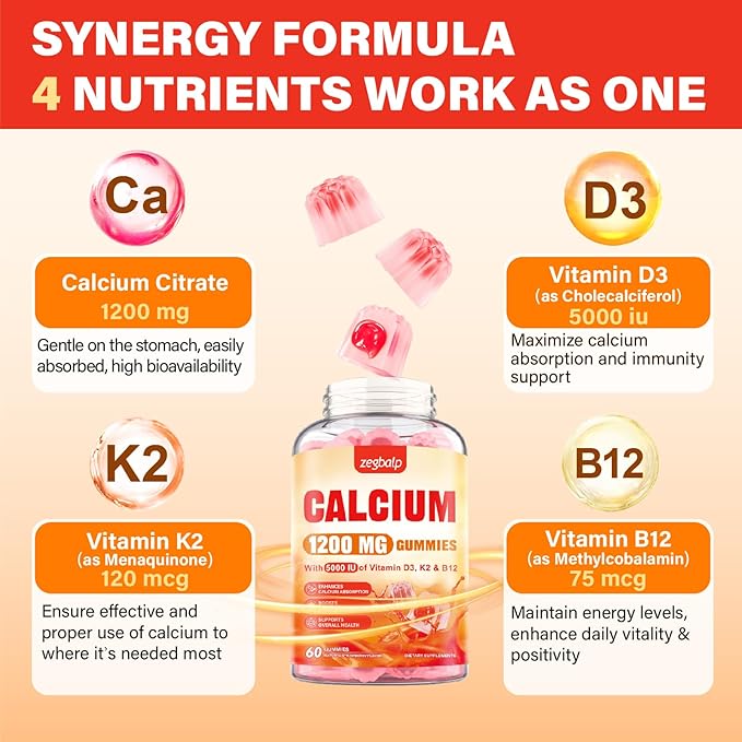 Calcium 1200 mg with Vitamin D3 Supplement for Adults - Calcium Gummies with Vitamin D3 5000IU, K2, B12 for Women Men - Extra Absorption Calcium Citrate - Natural Strawberry Flavor, 60 Gummies