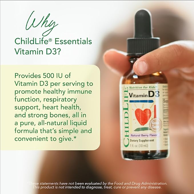 CHILDLIFE ESSENTIALS Vitamin D3 Drops for Kids, Children, & Toddlers - Liquid Vitamin D Drops, 500 IU per Drop, Immune & Bone Health Support, Natural Berry - 1 Fl Oz (Pack of 1)