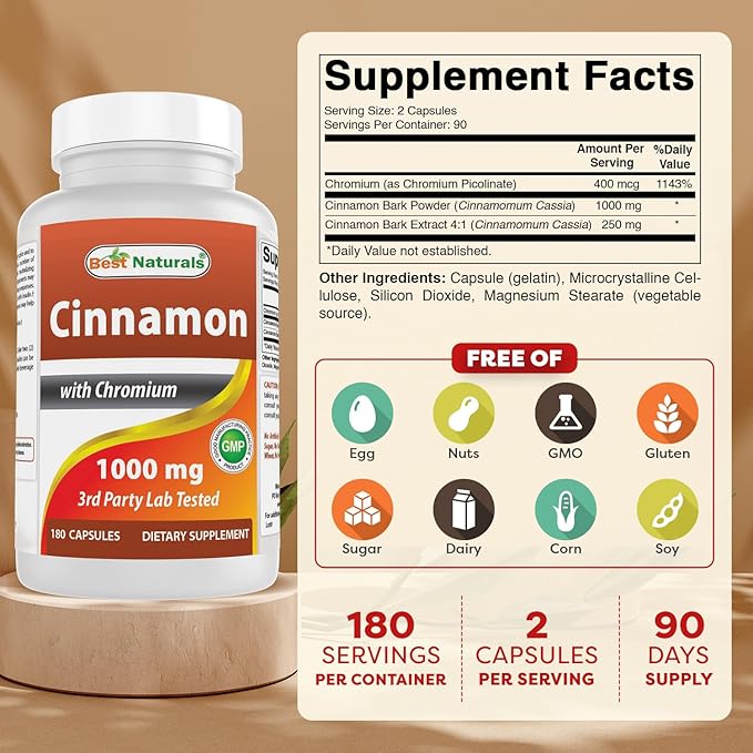 Best Naturals Cinnamon 2000 mg Equivalent with Chromium 400 mcg per Serving - Metabolism Support - 180 Capsules