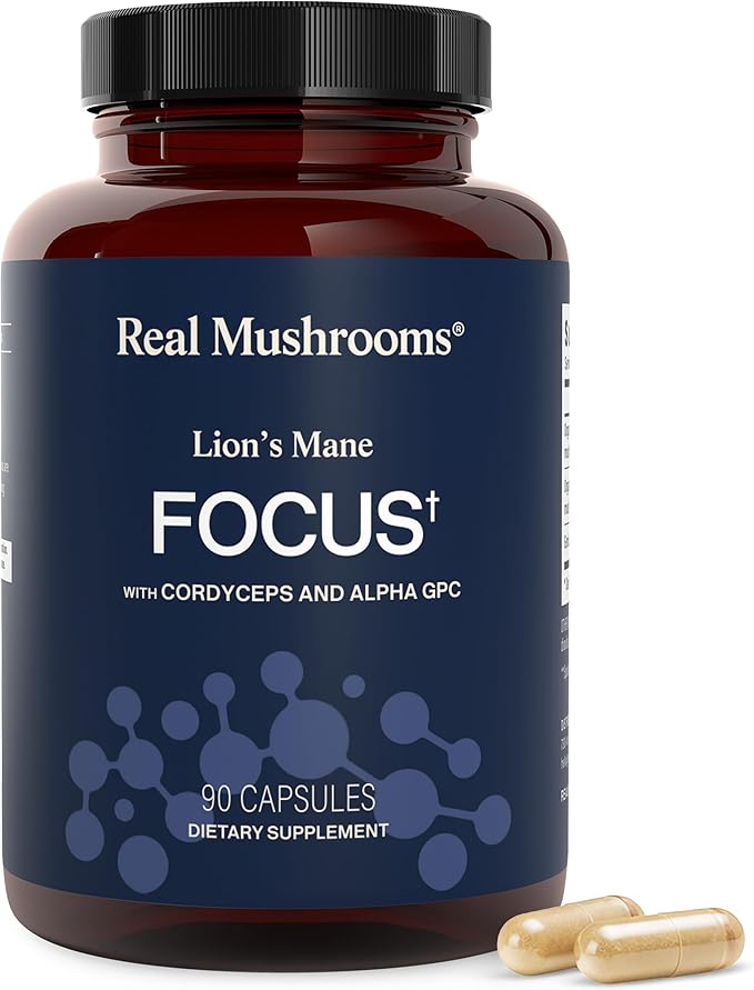 Real Mushrooms Lion’s Mane Focus Capsules (90 Count) – Organic Lions Mane Fruiting Body Extracts with 200mg Alpha GPC Choline for Mental Clarity & Daily Cognitive Function
