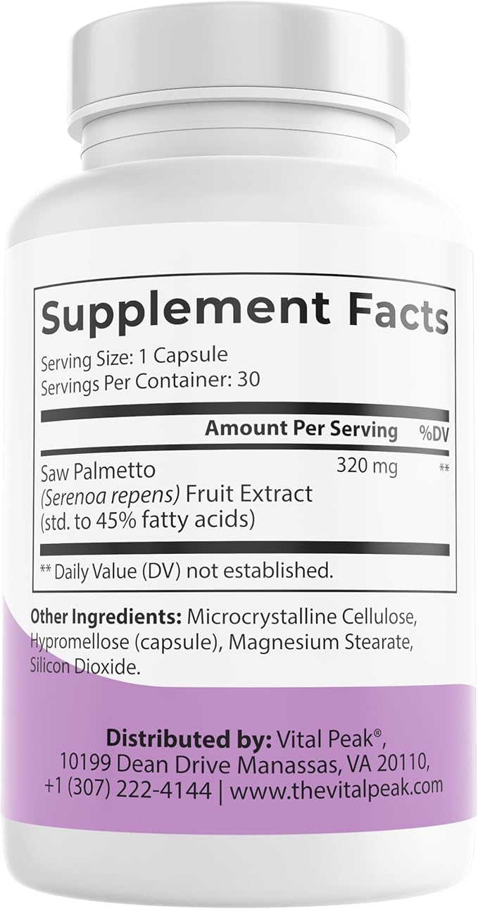 Vital Peak® Saw Palmetto Peak 320 mg - Herbal Supplement for Hair Growth and Urinary Health - Vegan, Gluten Free, Dairy Free, Non-GMO - 30 Capsules